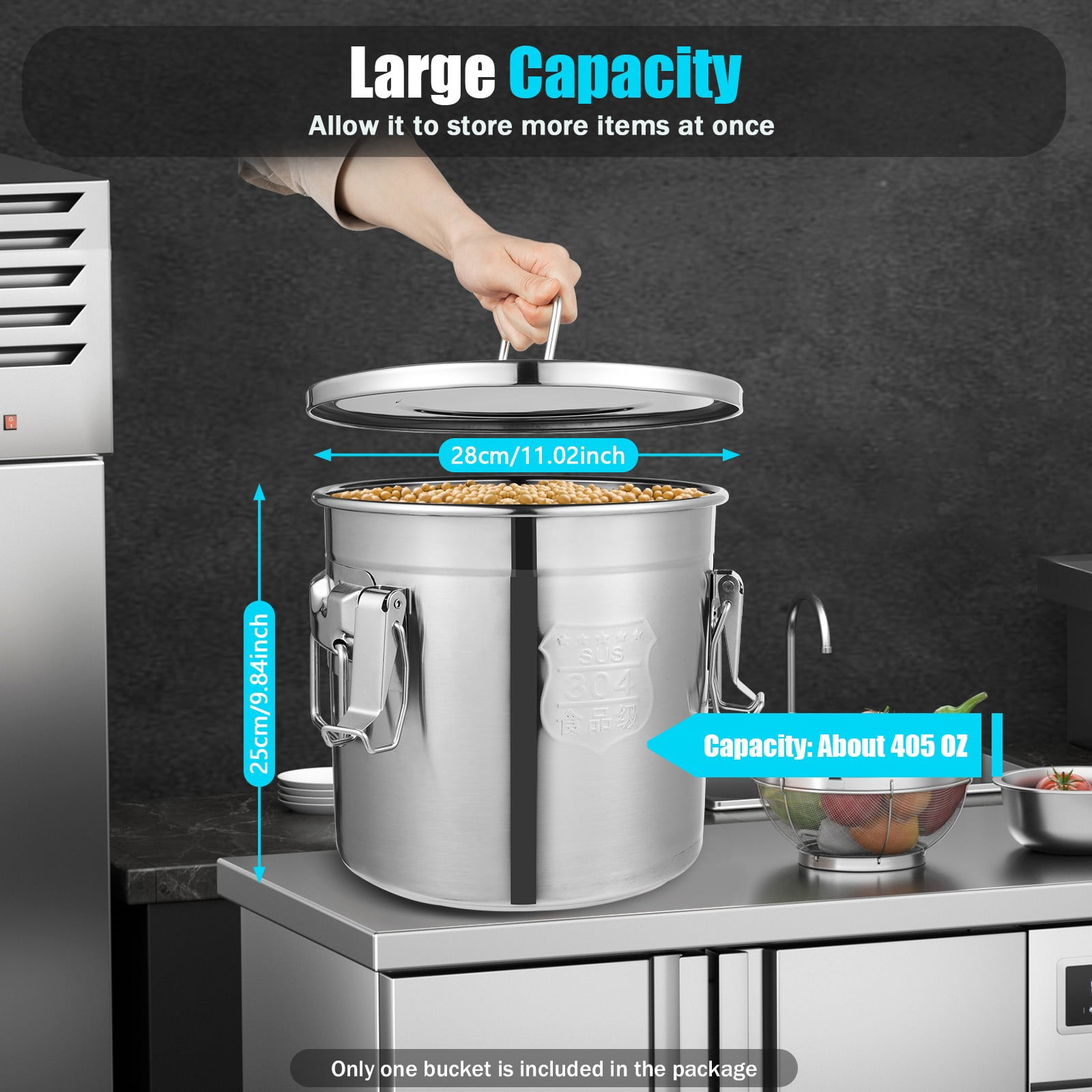 304 Stainless Steel Rice Storage Container 3.17Gal, Airtight Kitchen Food Bin for Flour Grains with Locking Lid