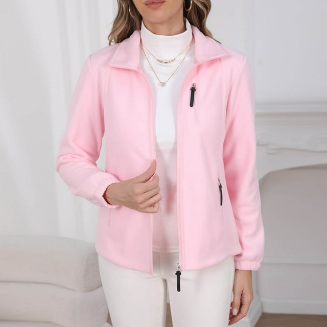 Pisexur Veste d'Hiver pour Femmes Veste Décontractée Colorée Tout Usage à Fermeture Éclair Complète Multi-Poches à Manches Longues Sans Capuche en Polaire Rose,m