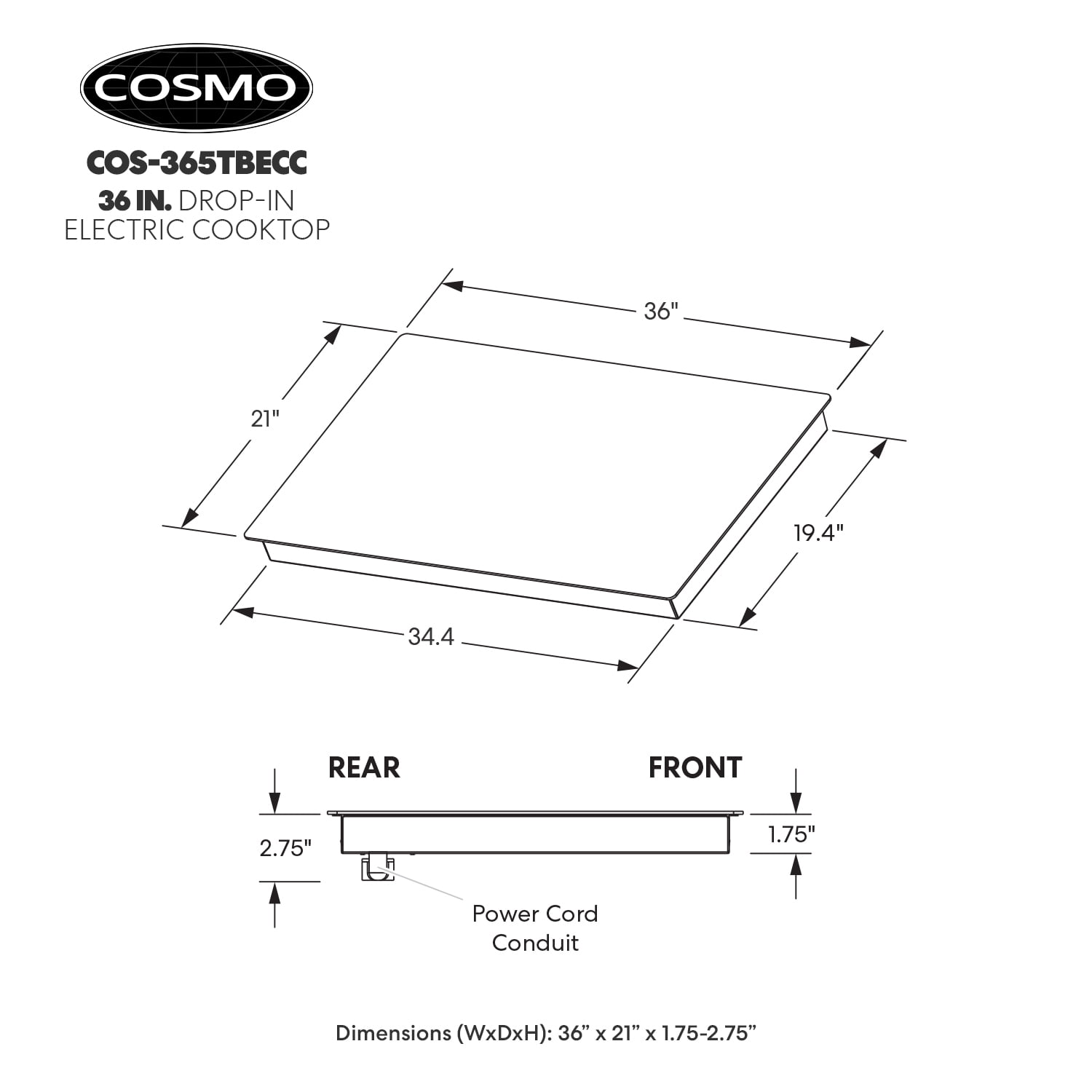 Cosmo 36 in. Electric Ceramic Glass Cooktop with 5 Burners, Triple Zone Element, Sync Burners, Hot Surface Indicator Light and Touch Controls