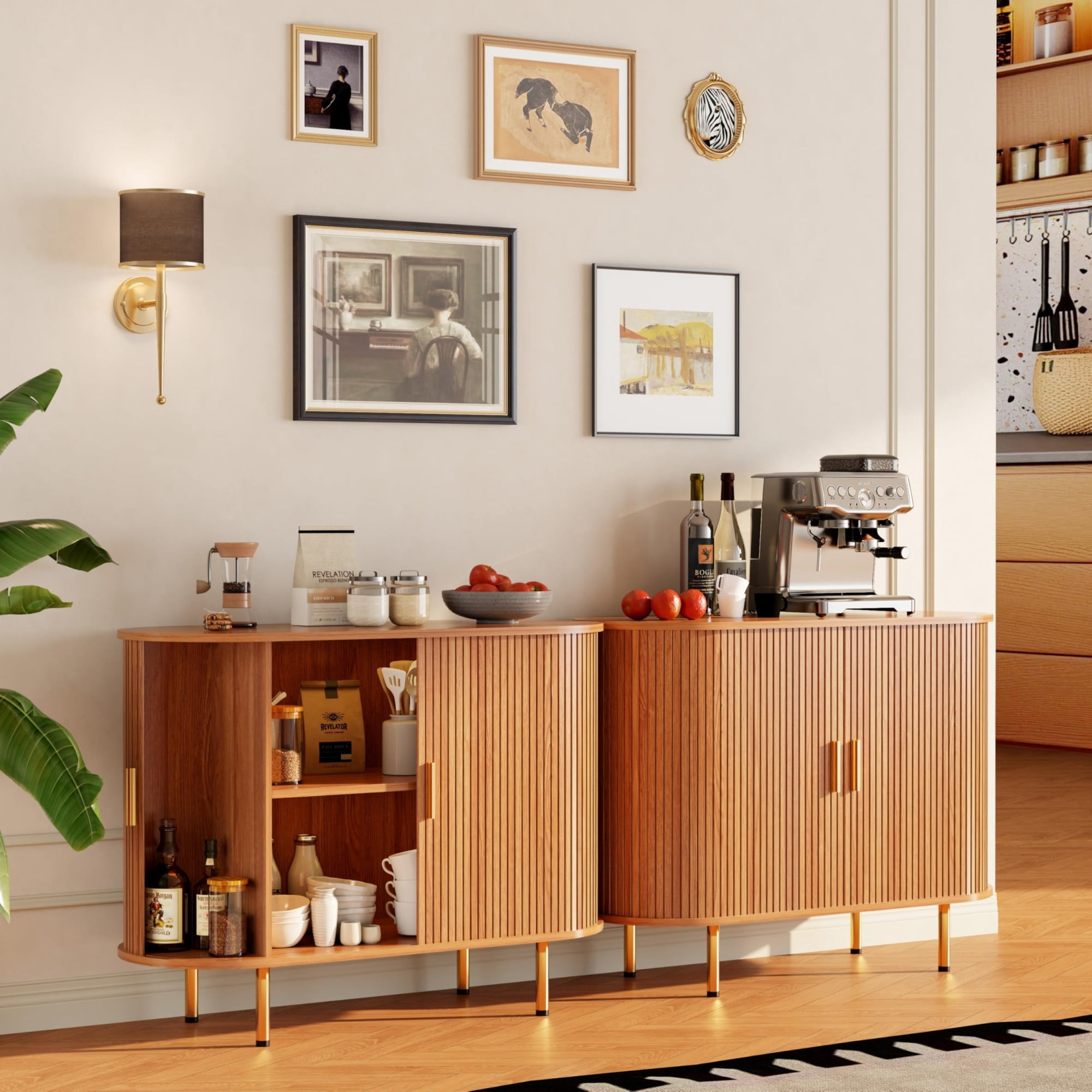 Mid Century Modern Sideboard Buffet Cabinet, 39 Inch Fluted Coffee Bar Console with Tambour Sliding Doors, Yellow
