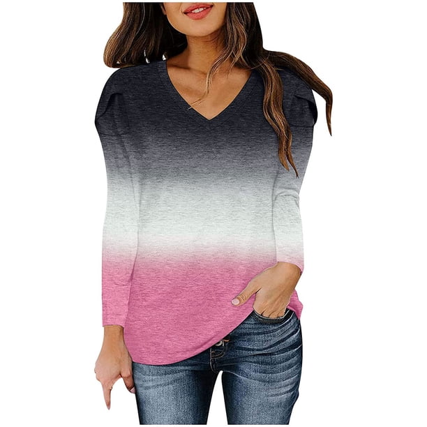 Tops de manga de pétalo para mujer, cuello en V, camisas de manga larga, camiseta informal suelta Fridja ghj987+2067