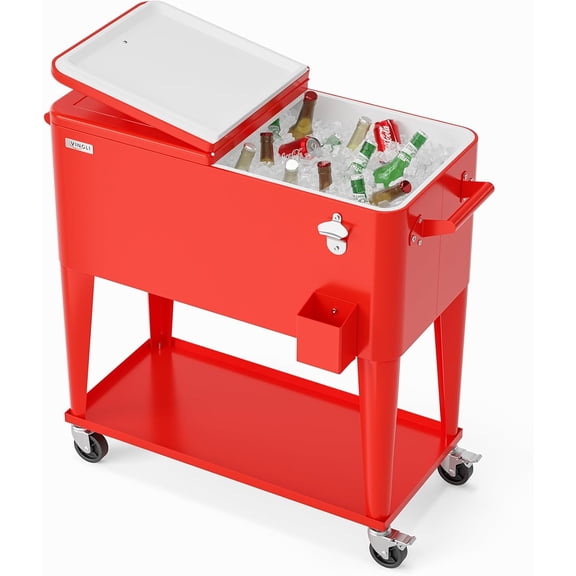 Neatifyes Rolling Ice Chest, Portable Patio Party Bar Drink Cooler Cart, with Shelf, Beverage Pool with Bottle Opener