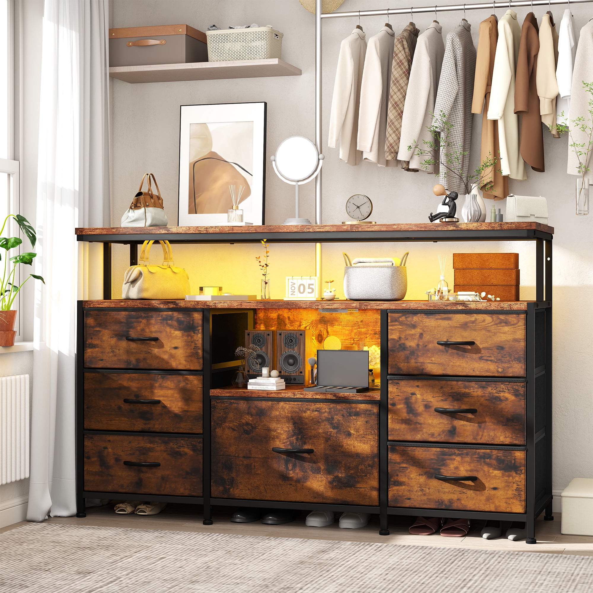Dresser TV Stand for Bedroom with LED Lights & Power Outlets for 55" TV Wide Dresser for Bedroom with 7 Drawers & Open Shelves for Living Room, Sturdy Frame, Rustic Brown