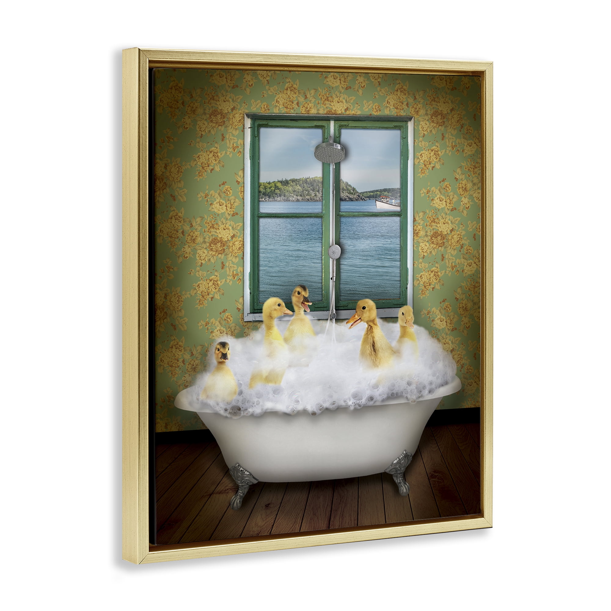 Stupell Industries Ducks Bathing Tub Ocean View Animals Painting Gold Floater Framed Canvas Art Print Wall Art, 21 x 17