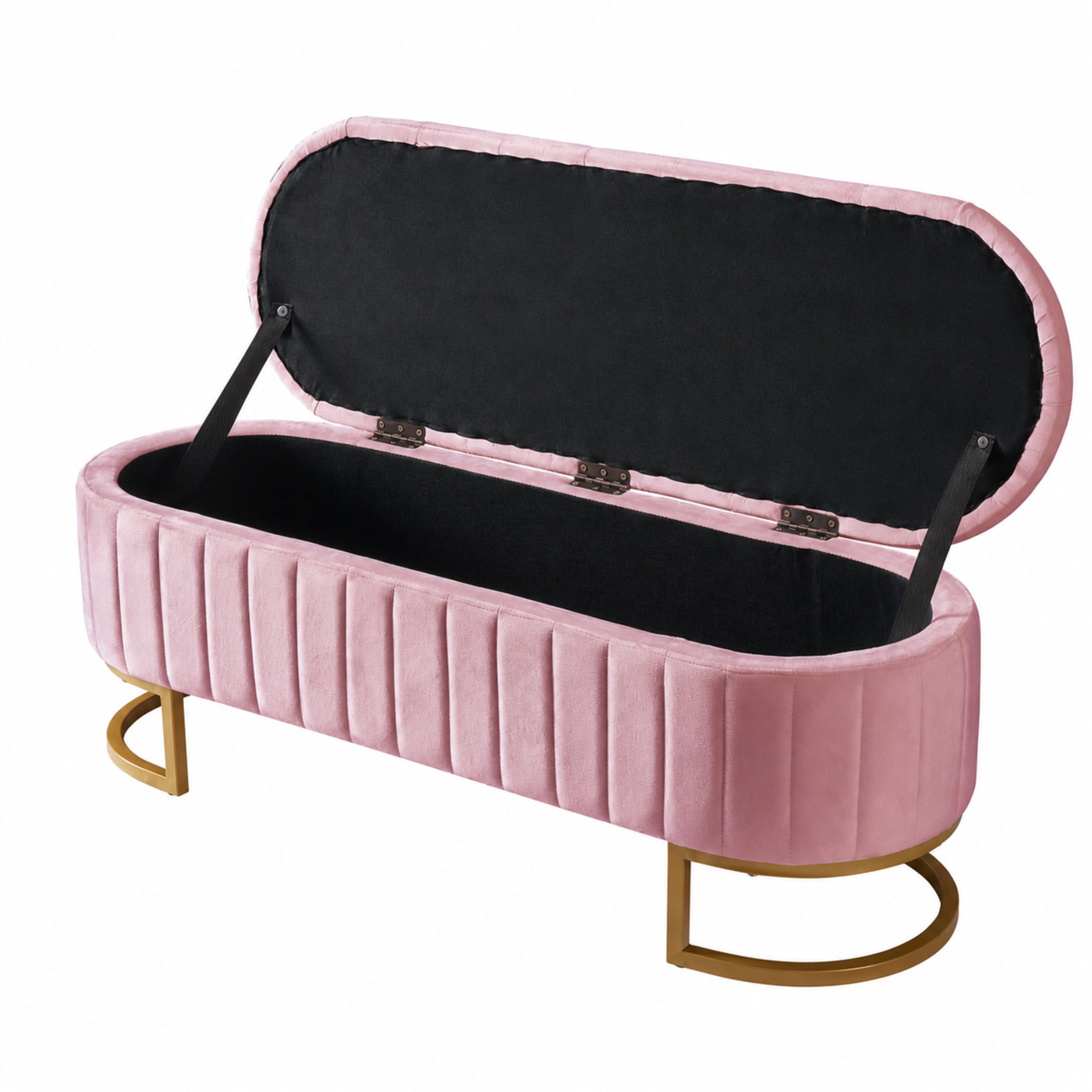 Noble House Elegant Upholstered Velvet Storage Ottoman with Button-Tufted Design, Storage Bench with Metal Legs,Pink