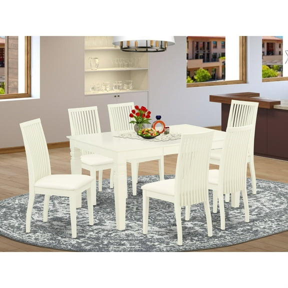 East West Furniture WEIP7-WHI-C 7 Pc Modern Dining Set Includes a Linen White Modern Table and 6 Linen White Linen Fabric Wooden Dining Chairs with Slatted Back - Wire Brushed Linen White Finish
