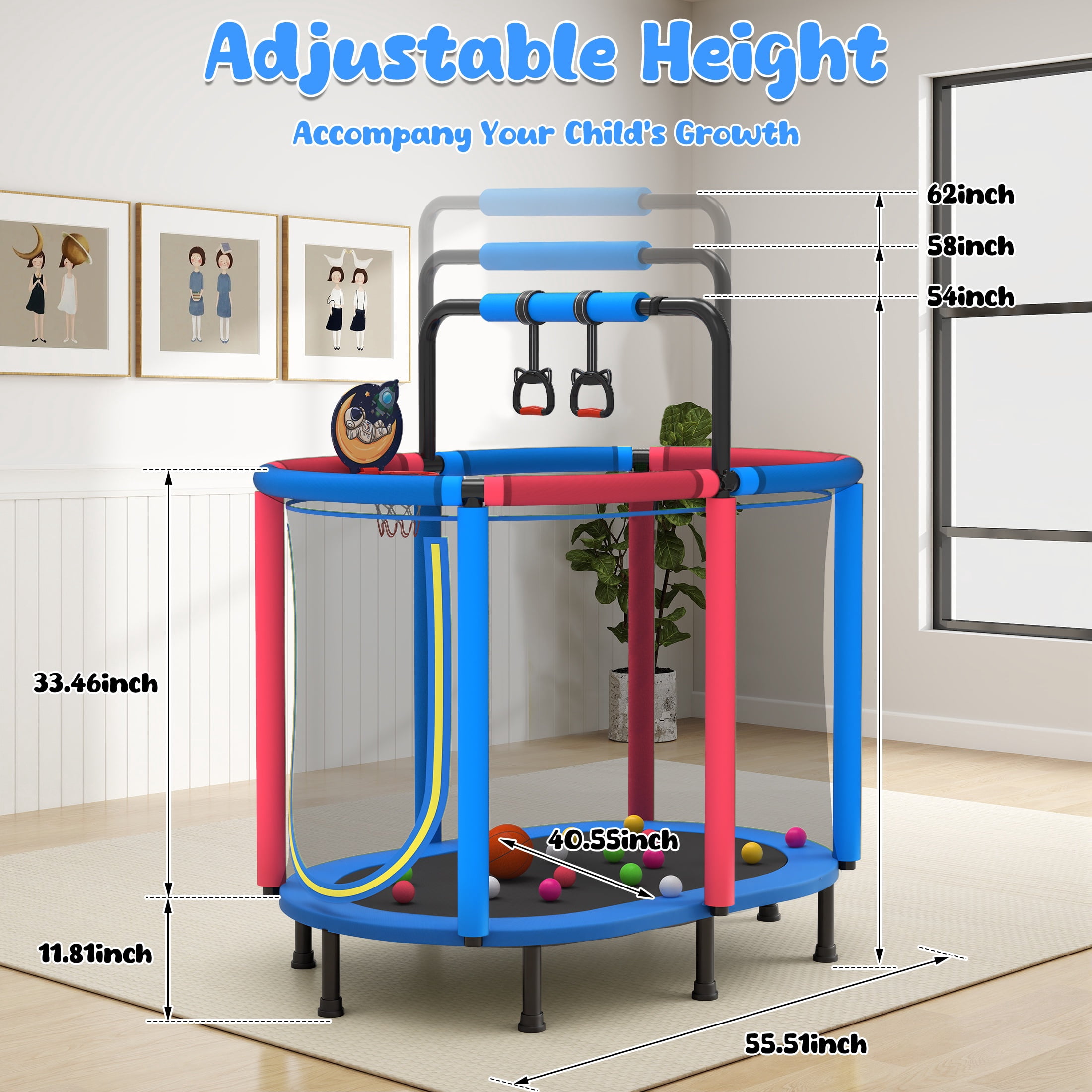 60" Trampoline for Kids with Basketball Hoop, SHINPT Recreational Trampolines with Safety Enclosure Net, Mini Outdoor Trampoline with Adjustable Gymnastics Bar, Easy Assembly, Outdoor, Indoor