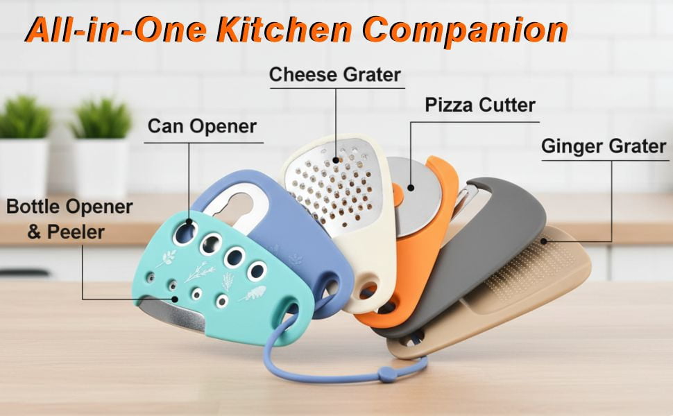 6-in-1 Kitchen Gadget Set - Vegetable Peeler, Pizza Cutter, Cheese Grater, Garlic Press, Bottle Opener & Herb Chopper, Multifunctional Cooking Tools