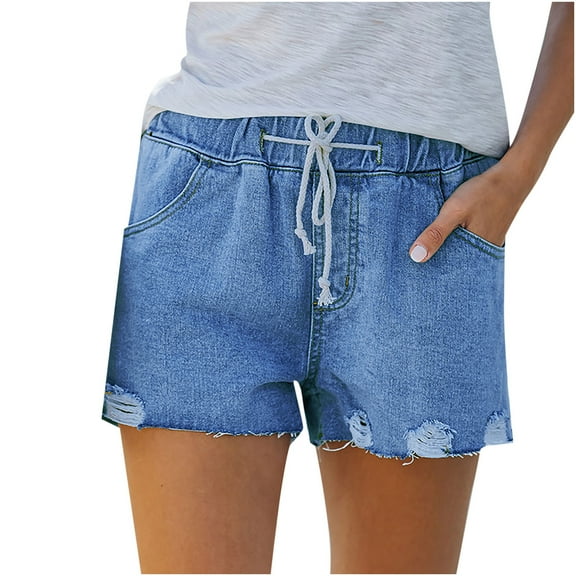 FAKKDUK Women's Jean Shorts 5" Ripped Hem Drawstring Elastic High Waist with Pocket Shorts Jeans for Women Casual Hot Denim Shorts for Summer Slim Fit,S