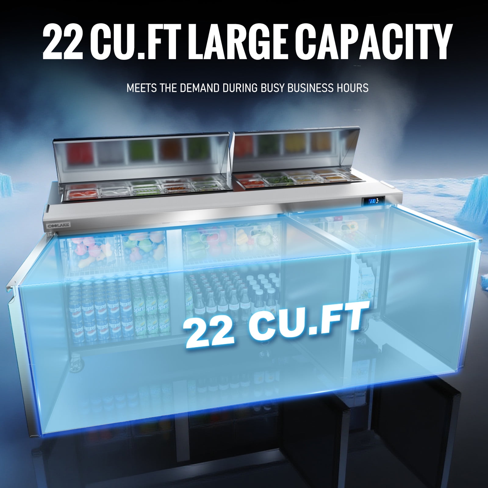 Coolake 72.7''W Commercial Salad Sandwich Prep Table Refrigerator, 3 Door Stainless Steel 22 Cu.ft Counter Fan Cooling Refrigerator