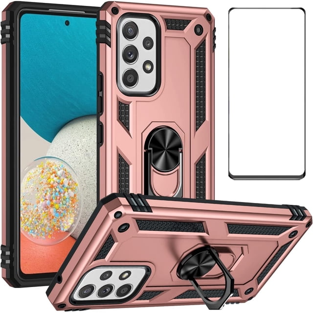 Samsung Galaxy A53 5G Case with Screen Protector,Ring Kickstand Military Grade Protective Shockproof Armor Dual Layer Protection Defender Back Cover Phone Case for Galaxy A53 5G - Rose Gold