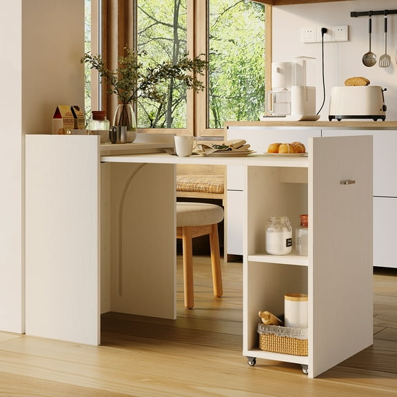 LIZHOUMIL Foldable Desk 50" White, Mobile Multi-Functional Workstation w/Storage&Wheels