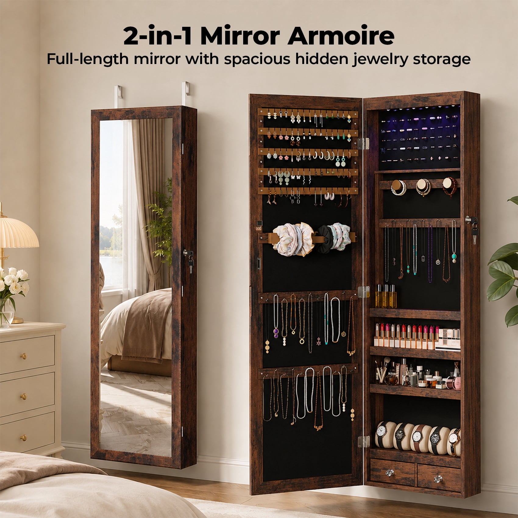 Alvantor Jewelry Organizers and Storage, 47.2-Inch Tall Lockable Wall or Door Mounted Jewelry Armoire Organizer with Mirror, 2 Drawers, 6 LEDs Mirror Jewelry Cabinet