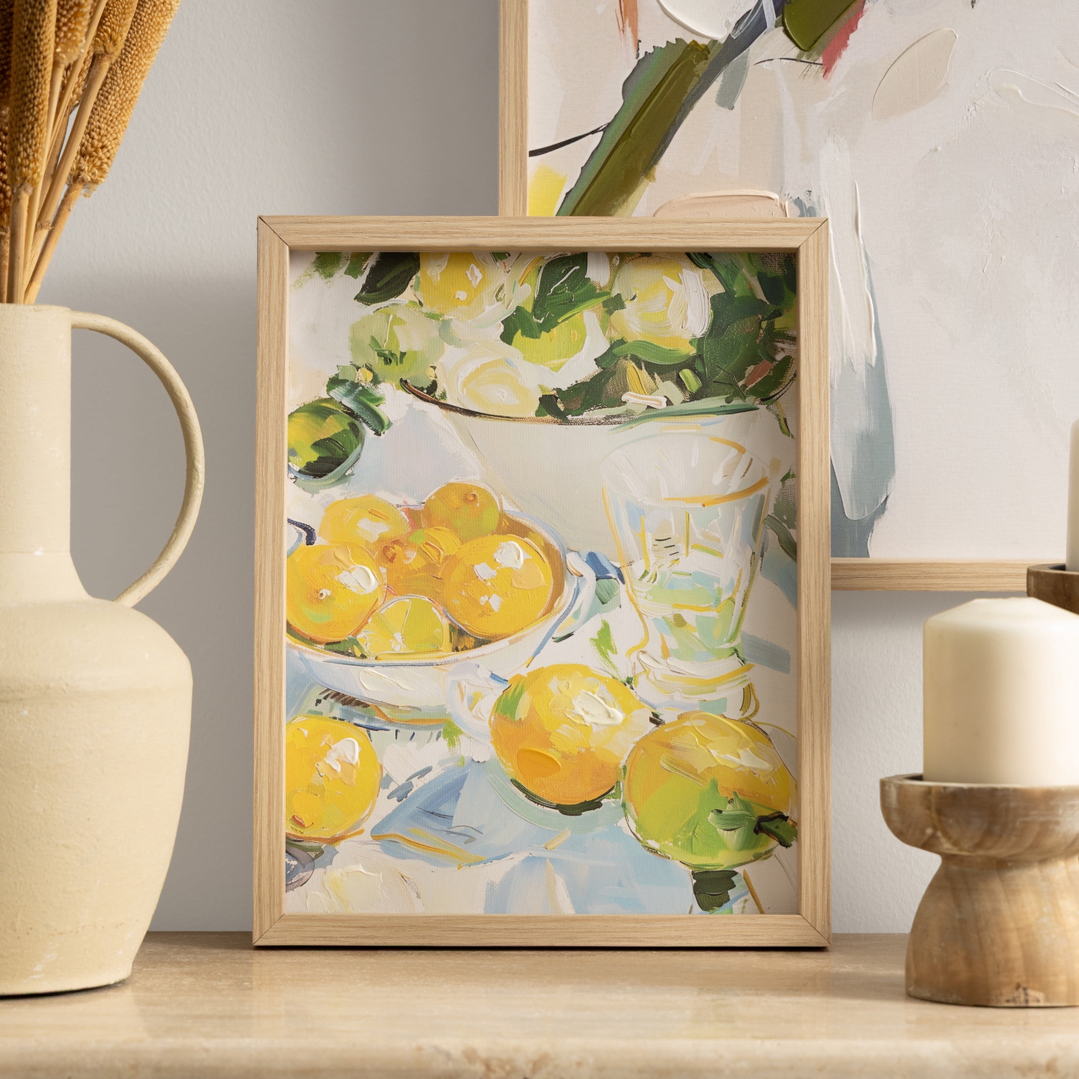 14" x 11" Lemon Fruit Framed Wall Art with Light Brown Frame, by DecMode