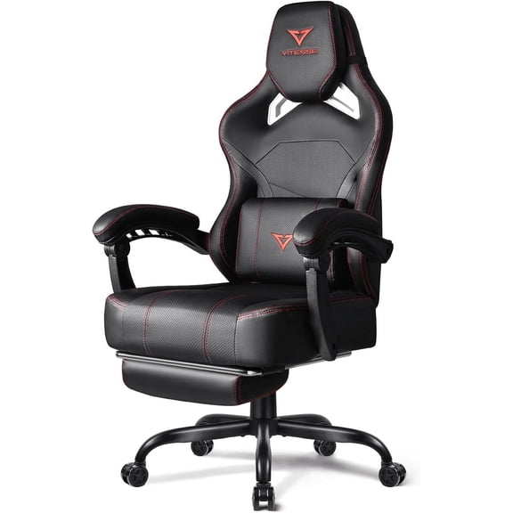 VITESSE Big and Tall Gaming Chair 400lb Weight Capacity with Footrest, Ergonomic Video Game Chair for Adults with Oversized Headrest and Lumbar Pillow, Computer Chair Gaming for Office (Black Red)