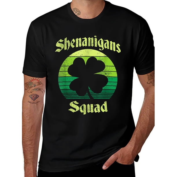 Camiseta para hombre del Día de San Patricio "Orgullo Irlandés, Escuadrón Shenanigans" - 100 % algodón, suave y cómoda, con estampado de trébol de la suerte, camiseta negra informal para celebraciones