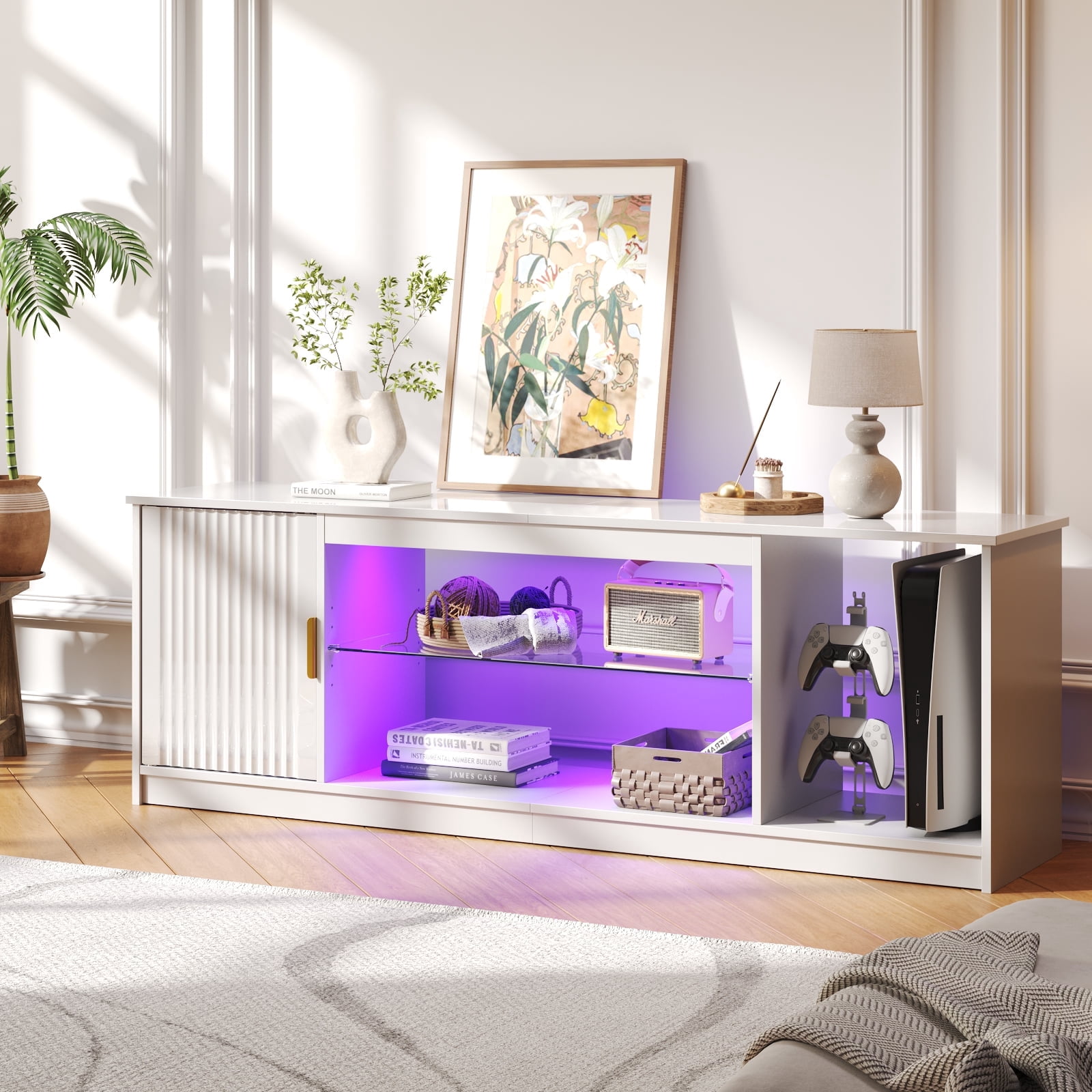 Bestier High Glossy TV Stand for 65 inch TVs with LED Lights, Fluted Entertainment Center with Storage Cabinet & Shelves,TV Console Table for PS5,White