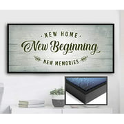 Sense Of Art | New Home New Beginning Quote |Black Floating Framed Canvas | House Warming Presents| Home Decor for Living Room |Rustic Home Decoration (Light Green, Black Floating Frame 60x27)