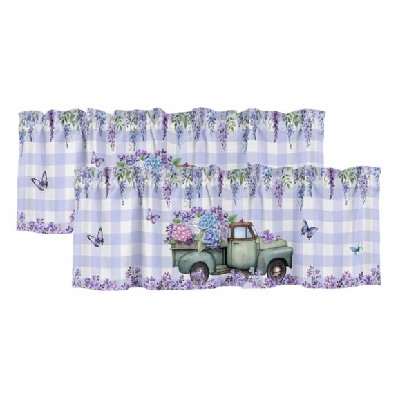 Purple Flowers Valances for Windows, Weeping Spring Floral Truck Butterfly Checkered Light Filtering Kitchen Curtains, Rod Pocket Window Valance Curtains for Living Room, 42" Wx18" L, 2 Panels