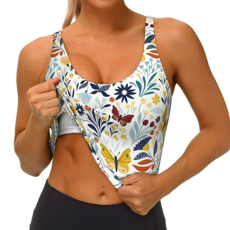 Qokaie Flowers Butterfly Pattern Womens Scoop Neck Sports Bra Breathable Workout Vest Padded U Back Medium Impact Fitness Gym Yoga Bra Workout Crop Top