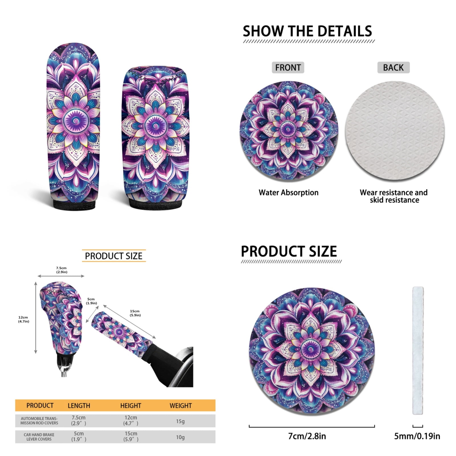 Yuyamidu 15 Pack Boho Flower Blossom Car Seat Cover Set with Carpet Mats Purple Steering Wheel Cover Seat Belt Strap Cover Coaster Gear Shift Knob Cover Set Fit SUV Sedan