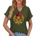 thumbnail image 6 of Fengqque Women's Carnival Printed Fashion Daily Short Sleeve V-neck Casual Waist-cinching Shirt Army Green S(S), 6 of 6