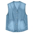 thumbnail image 4 of Women’s Loose Fit V Neck Denim Vest Sleeveless Button up Waistcoat with Pockets, Solid Color Casual Jean Vest for Spring Fall Blue, 4 of 8