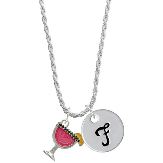 Delight Jewelry Silvertone Hot Pink Tropical Drink Silvertone Script Initial Disc - F - Charm Necklace, 20"+3"
