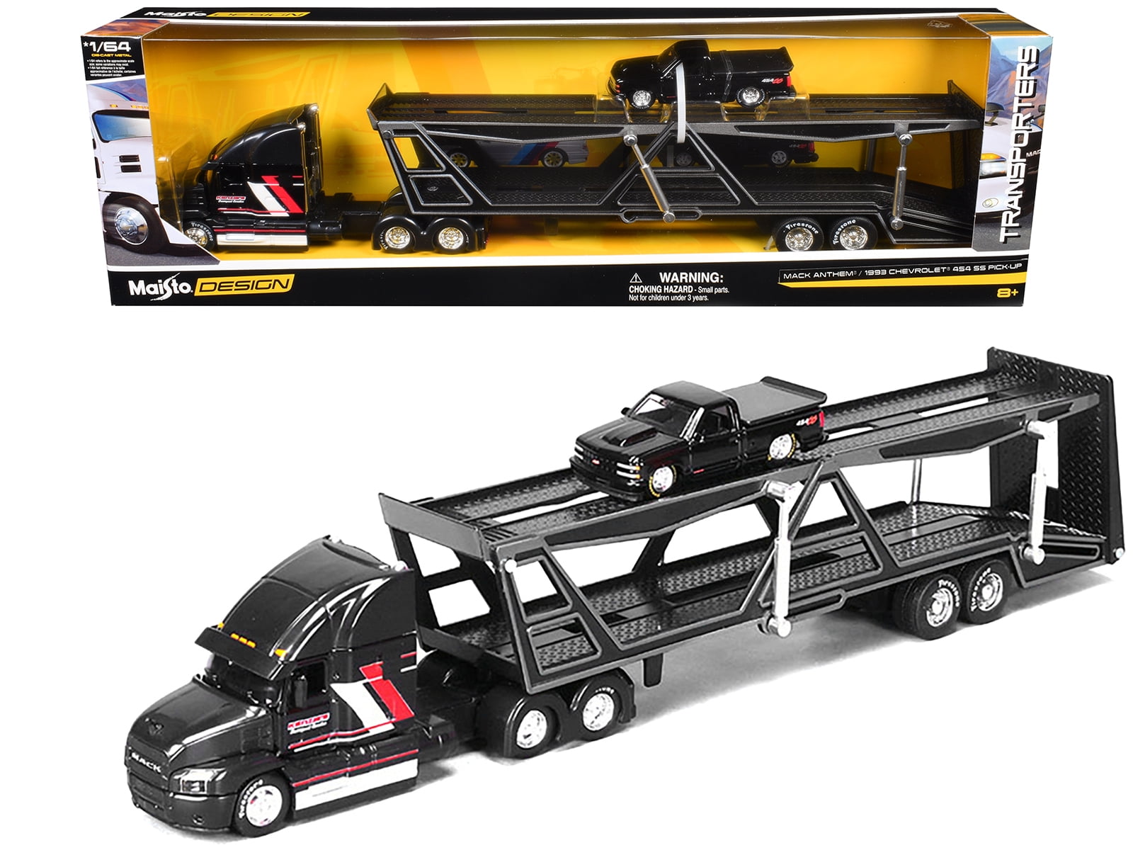 Mack Anthem Open Car Hauler Silver with Stripes and 1988 BMW 3