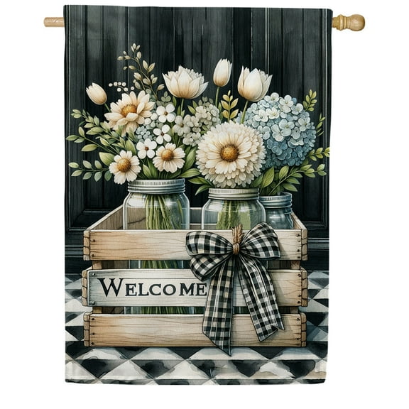 America Forever Welcome Spring Floral Mason Jar House Flag, 28x40 inch Double Sided, Monochrome Rustic Daisy Flower Spring Yard Decoration, Seasonal Holiday Decorations for Outside