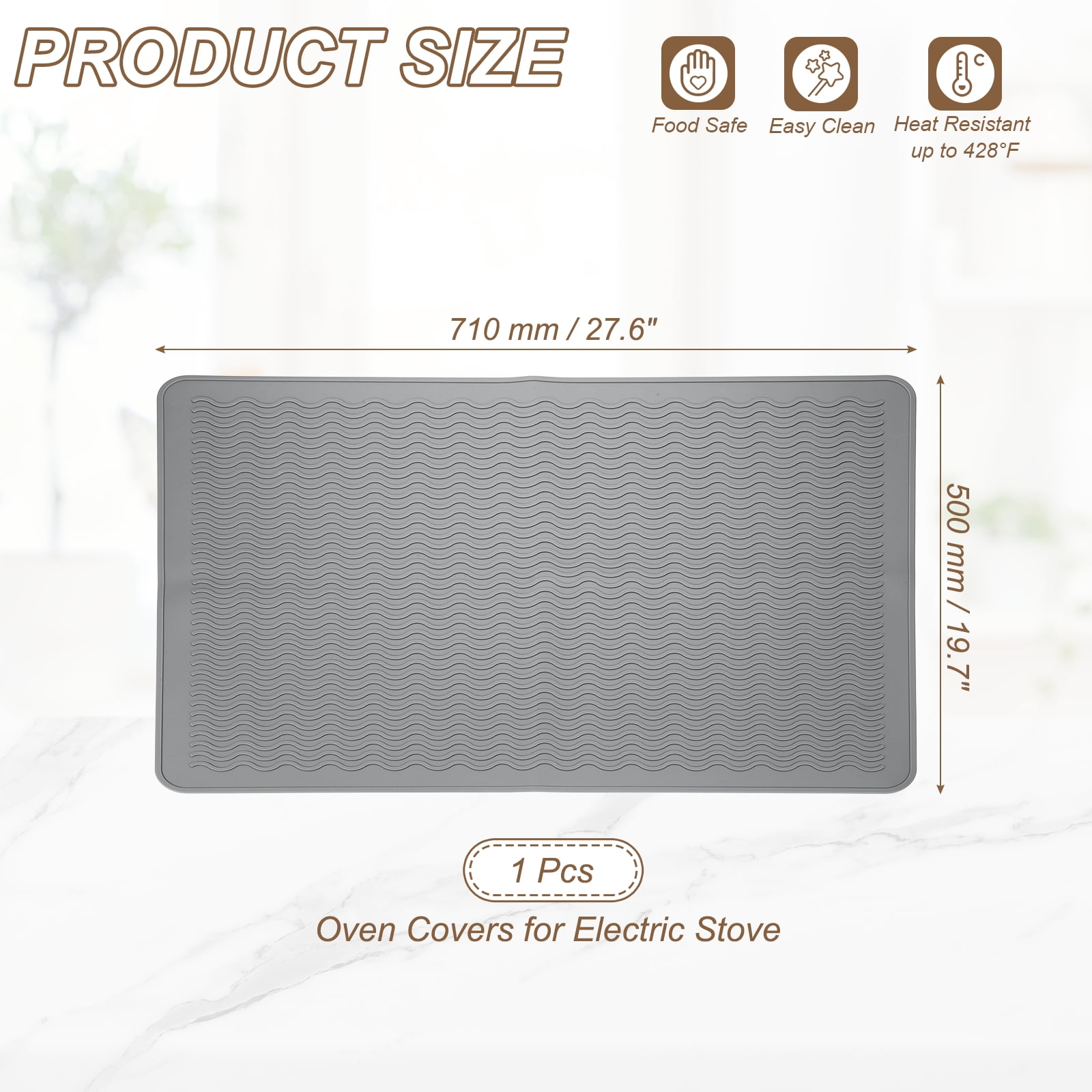 Uxcell Stove Top Cover for Electric Stove, 27.6" x 19.7" Silicone Glass Cooktop Protector Range Mats Wavy Stripe for Kitchen Oven Counter Cooktop, Silver