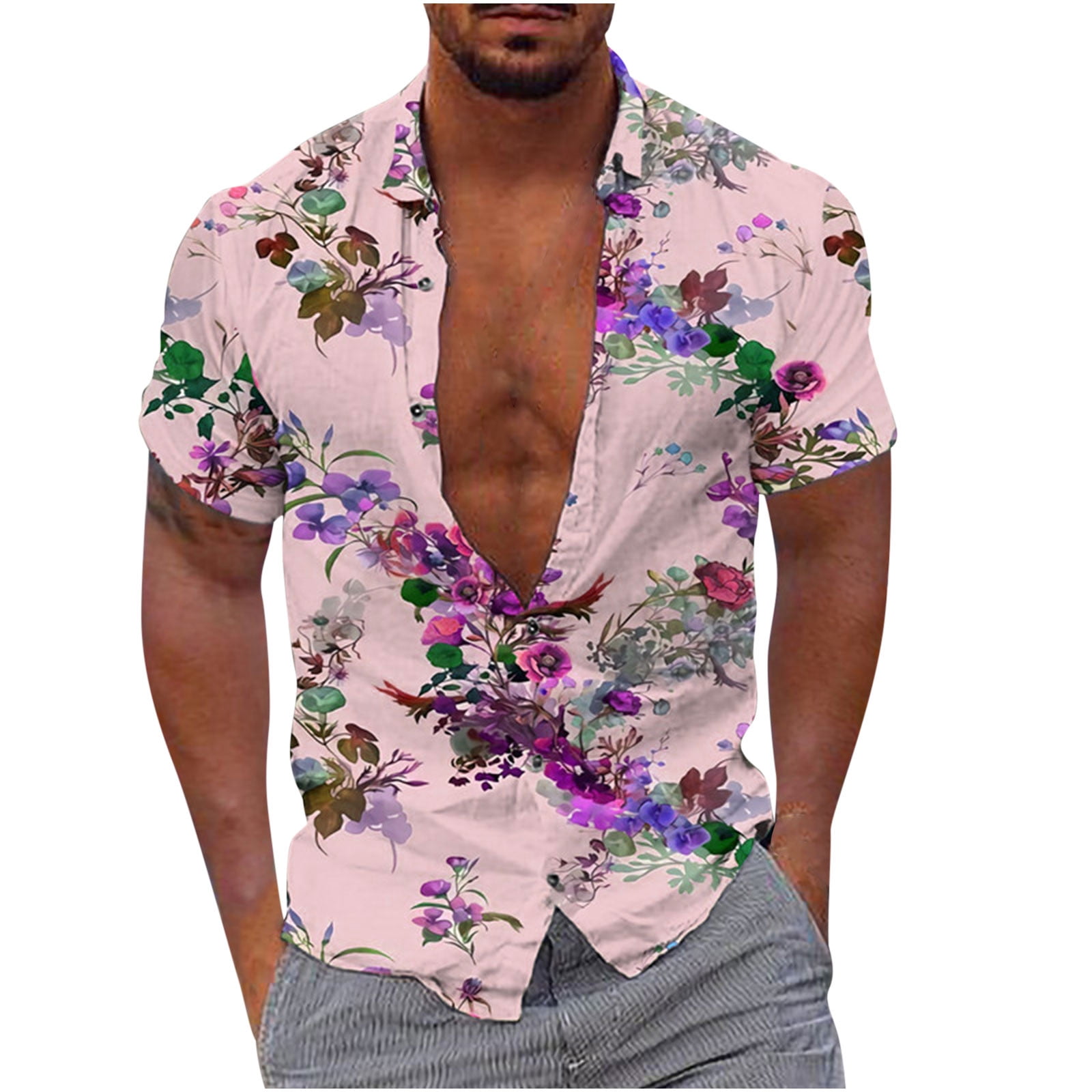 Mens Colorful Floral Print Short Sleeve Hawaiian Shirt Fashion Patterns