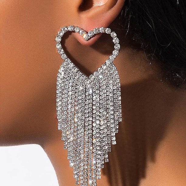 Pendientes de corazón con borlas y diamantes de imitación, cadena larga de plata con flecos, pendientes colgantes de cristal, joyería vintage para fiesta nupcial para mujeres y niñas