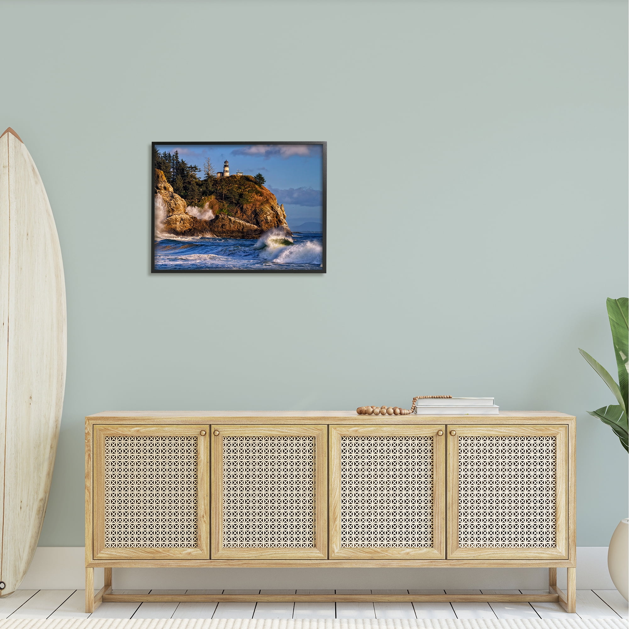 Stupell Rolling Sea Waves Lighthouse Cliff Landscape Photography Black Framed Art Print Wall Art