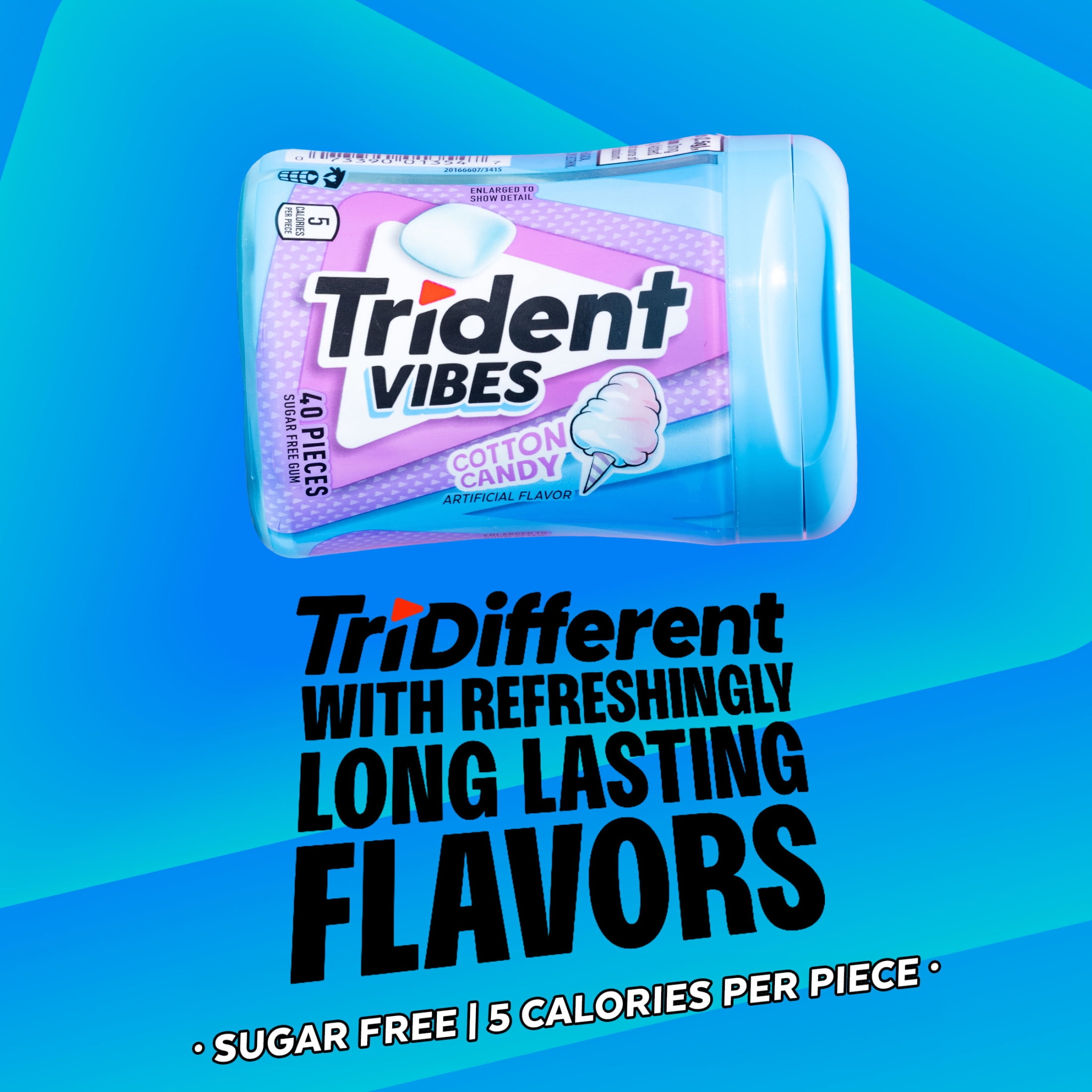 Trident Vibes Sugar Free Gum, Cotton Candy, Regular Size, 40 Piece Bottle