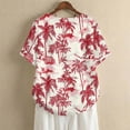 thumbnail image 5 of Xoenoiee Red Toile De Jouy Palm Tree Print Women's Shirt Tunic Top, Round Neck Shirts Short Sleeve Linen Like Blouse Button Decor Dressy Loose Fit Pullover Top for Outdoor Vacation, 2XL, 5 of 7