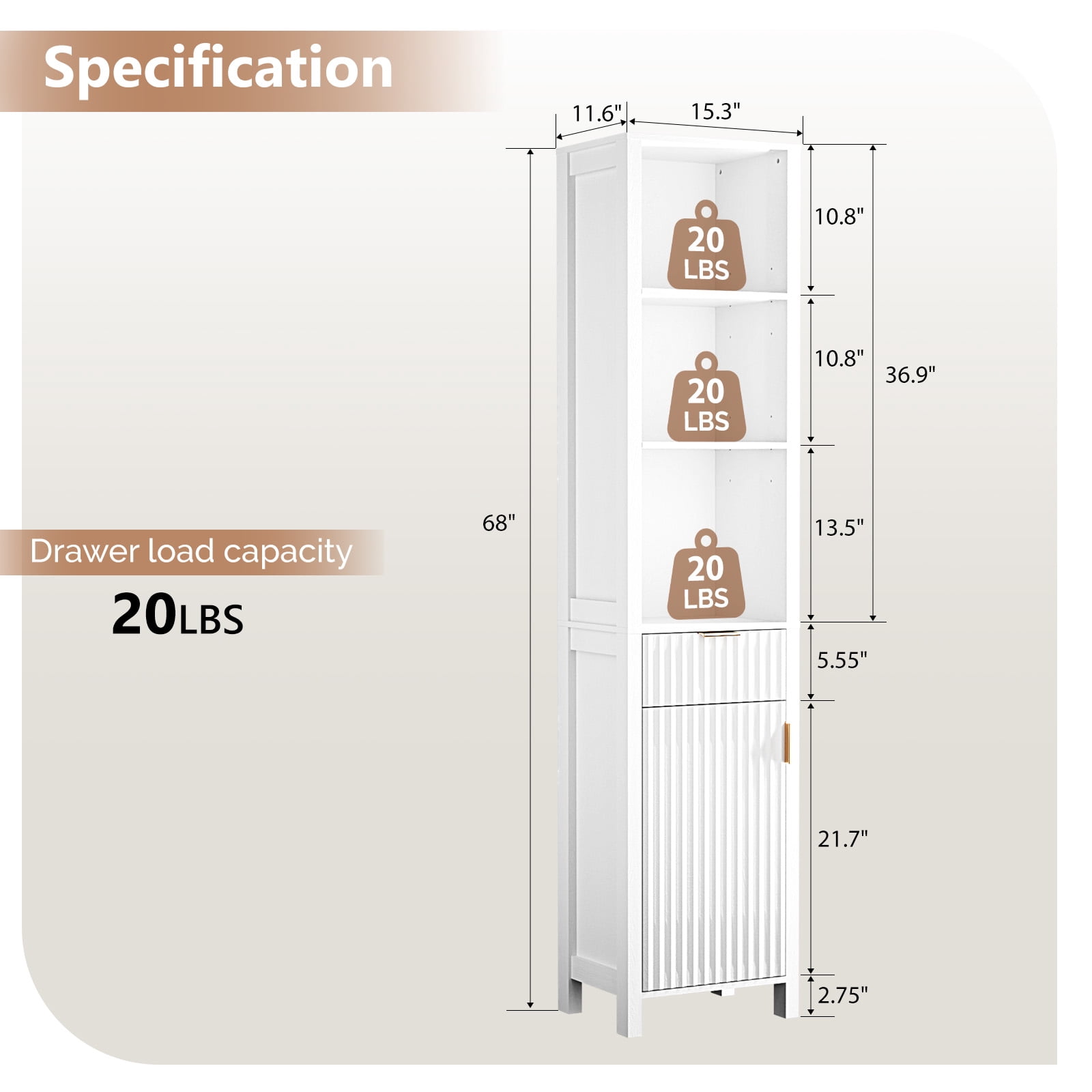 Ktaxon Fluted Bathroom Storage Cabinet Narrow Tall, Freestanding Cabinet Storage Tower with Grille Single Door and One Drawer, White