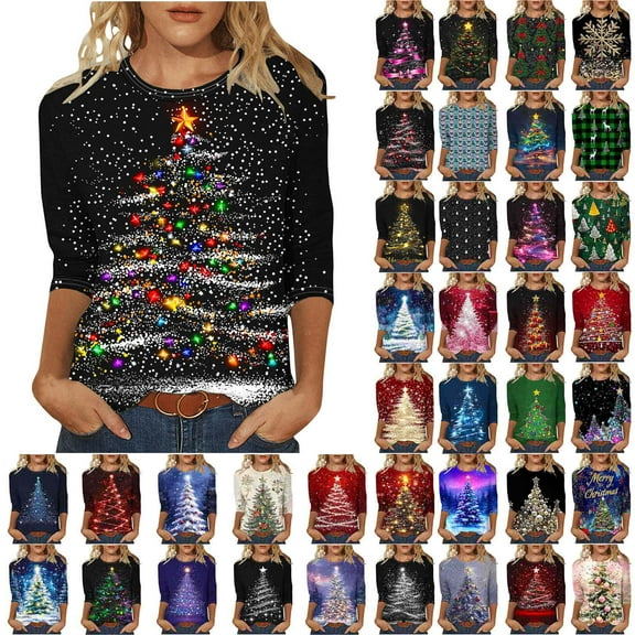 Meichang Womens Christmas Tree Print T Shirts Funny Christmas Tree Graphic Tees 3/4 Sleeve Tops Loose Fit Crew Neck Xmas Tops