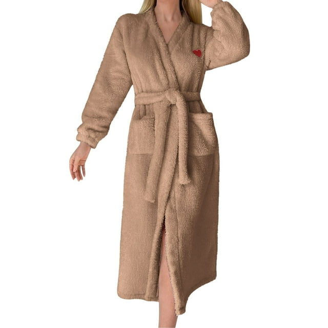 Ihph7 Fluffy Robe Plush Robes for Women Long Robes for Women Winter Robes for Women Long Sleeve Robes for Women Full Length Robe Housecoats for Women Fleece Robe Khaki XXL