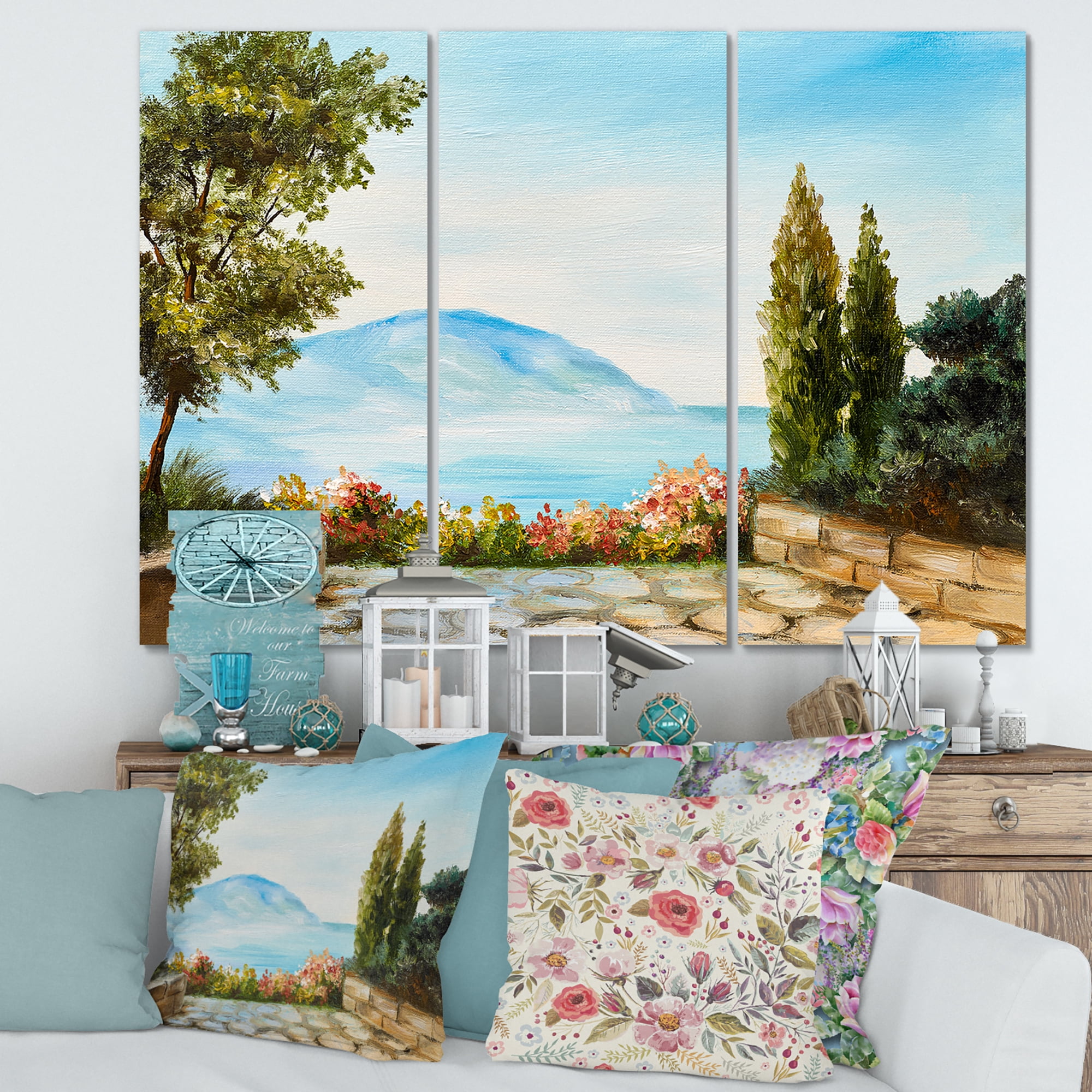 Designart ' Beautiful Mountains View By The Sea Side ' Nautical & Coastal Canvas Wall Art Print