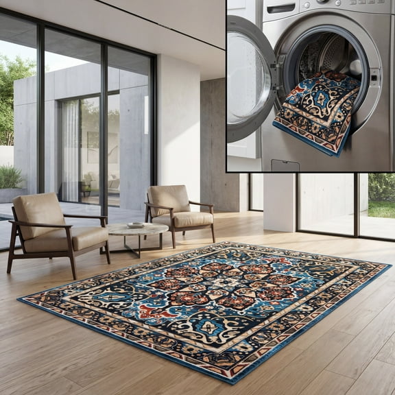 SAFAVIEH Riviera Ulysses Medallion Polyester Machine Washable Area Rug, Blue/Black, 5'5" x 7'7"