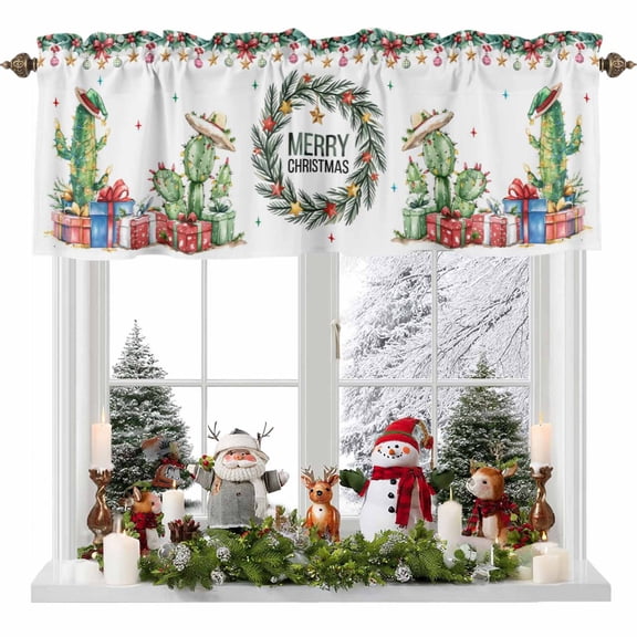 Valances for Windows Christmas Cactus Stars Rod Pocket Short Curtain for Bathroom Living Room Bedroom Green and White 1 Panel 42x12in