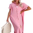 thumbnail image 4 of PENGXIANG Robe de Plage Décontractée pour Femmes Couleur Unie Manches Courtes Boutonnée Col Rabattu Ample, 4 of 8
