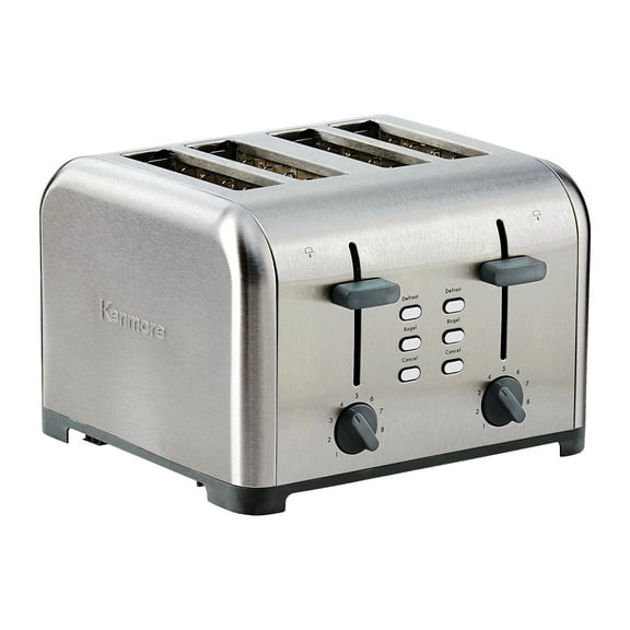 Kenmore 4-Slice Toaster Stainless Steel Dual Controls Wide Slot Defrost & Bagel Functions 9 Shade Settings