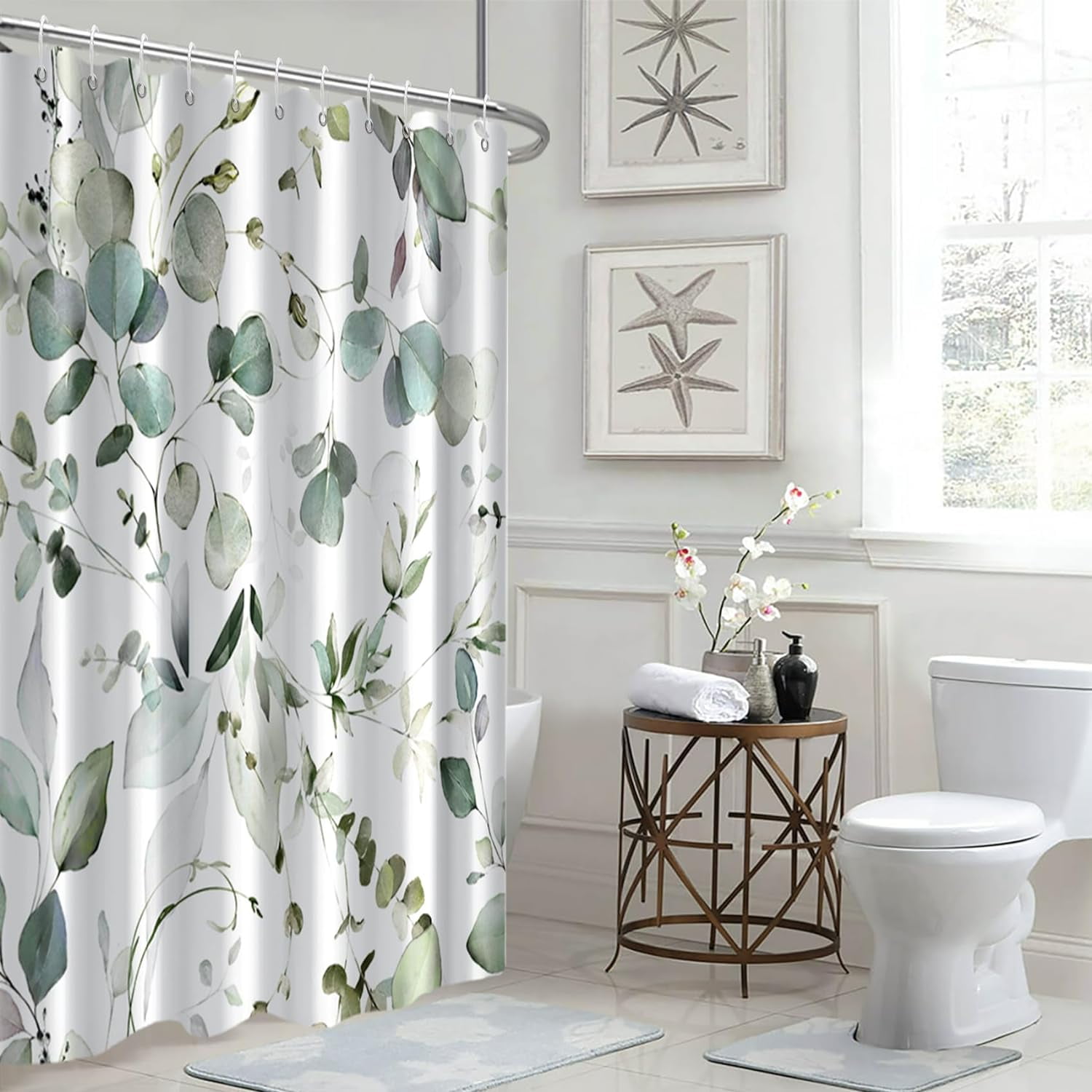 Sage Green Eucalyptus Shower Curtain, Watercolor Spring Leaves Shower Curtain for Bathroom Waterproof Botanical Shower Curtain Set with Hooks, 72x84 Inch
