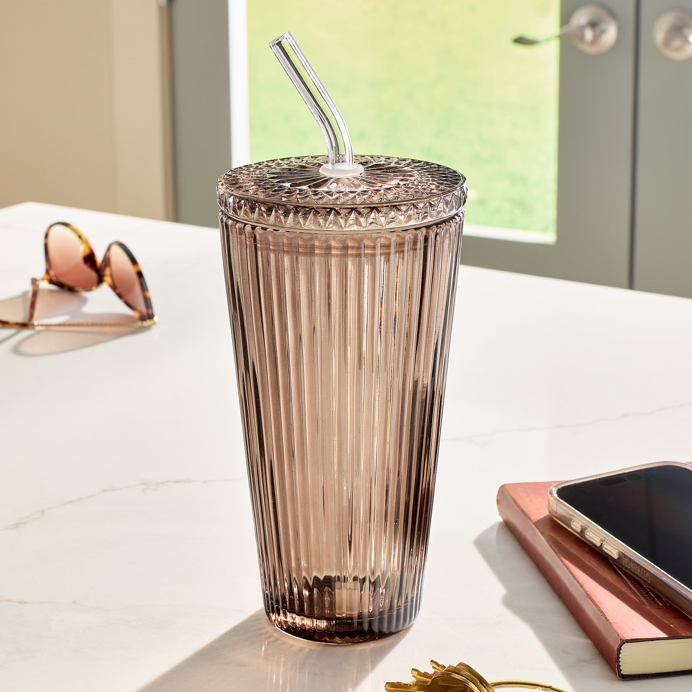 Better Homes & Gardens 21 oz Brown Ribbed Glass Tumbler with Glass Lid and Straw