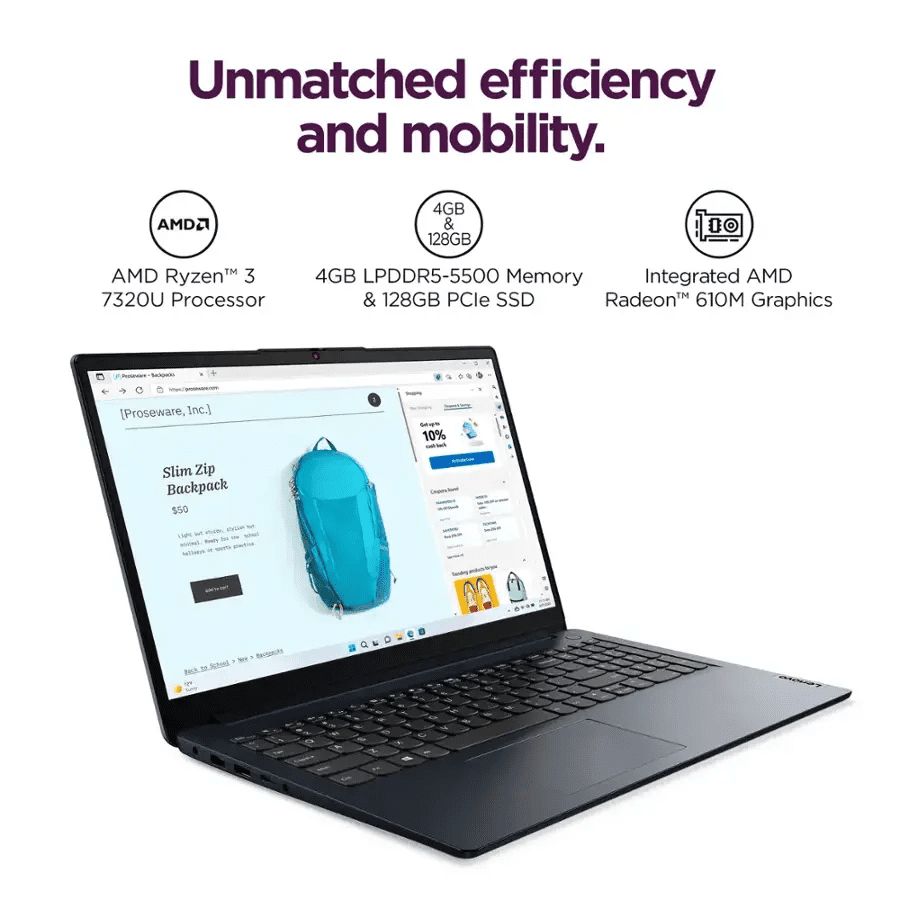 Lenovo IdeaPad 1 15.6" Full HD Laptop, AMD Ryzen 3 7320U, 4GB RAM, 128GB SSD, Win 11 Home in S Mode 82VG00R2US