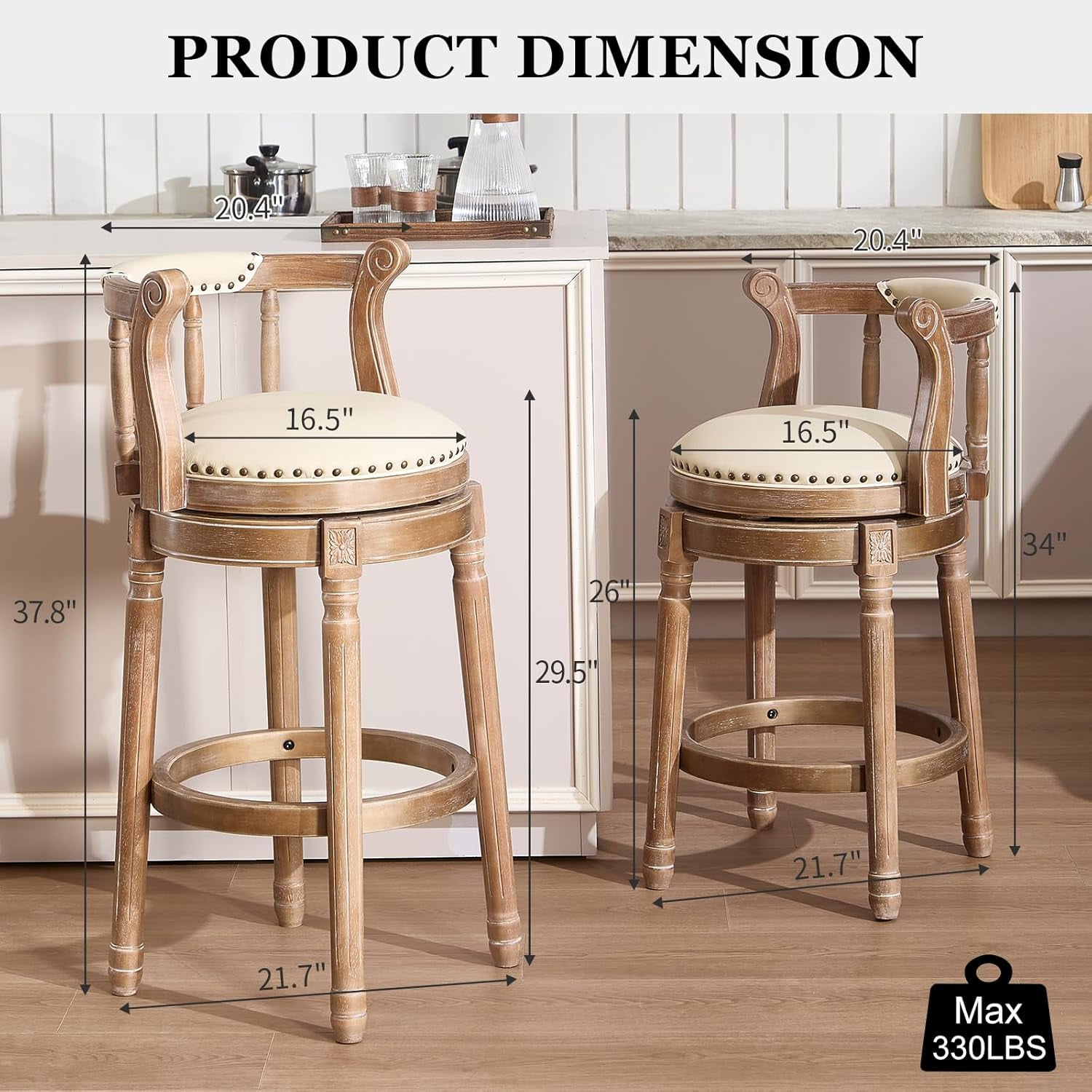 Aulife Bar Stools Genuine Leather Counter Height barstool Wooden Swivel kitchen Stool with Footrest for Kitchen Dining Room