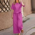 thumbnail image 2 of Cinvoph Ensemble Deux Pièces en Coton et Lin pour Femmes Col Rond Manches Courtes Haut Pantalon Grand Tenue de Maison Ensemble de Vacances d'Été, 2 of 6
