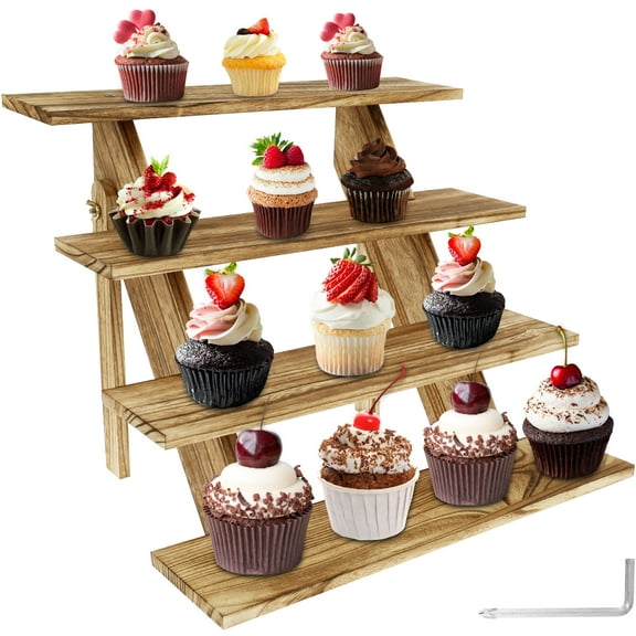 Wooden Cupcake Stand Foldable Tiered Cupcake Display Stand Portable Party Table Stepped Dessert Display Stand 4 Tier Jewelry Holder Stand for Cupcake Jewelry